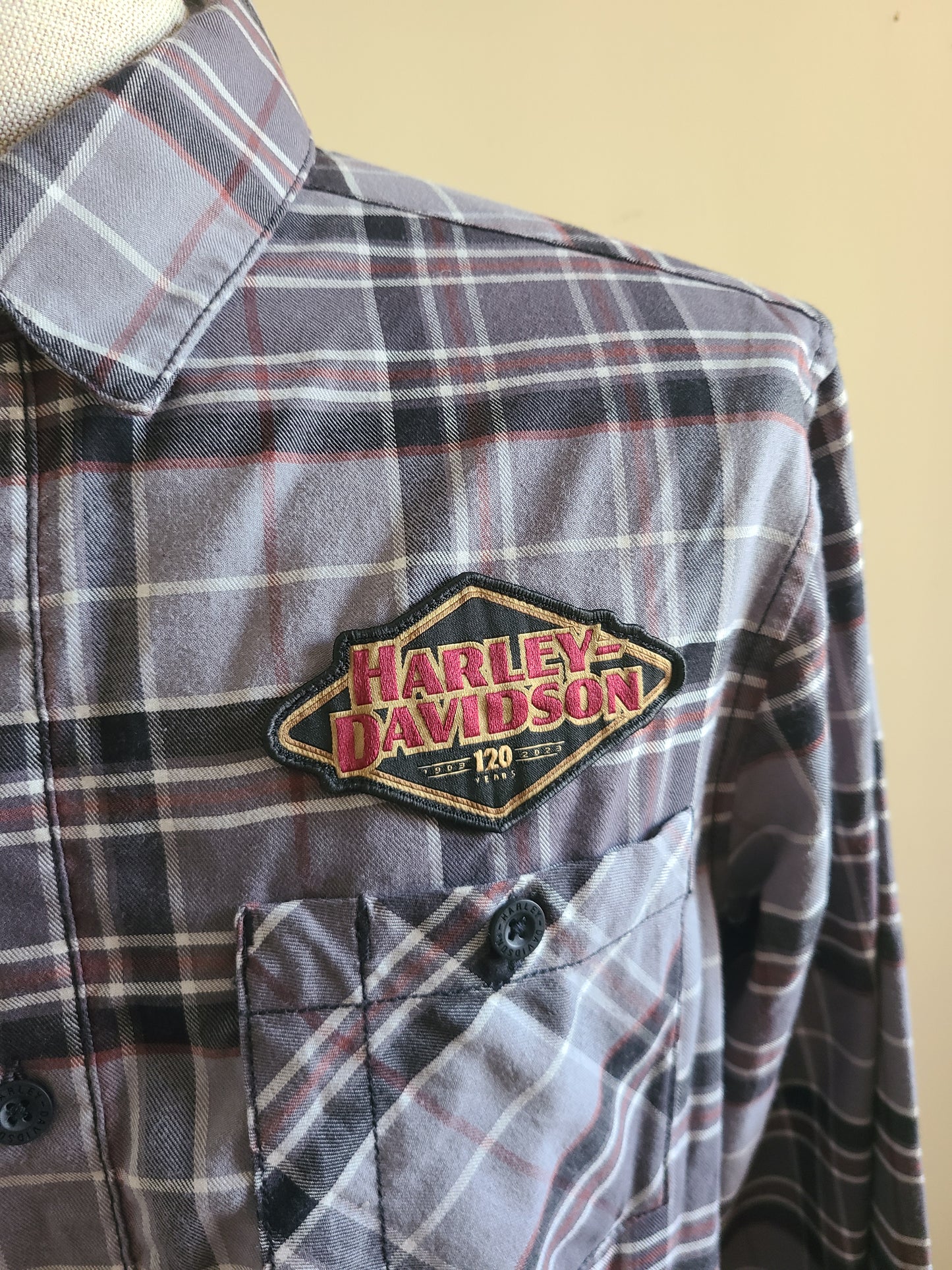 Harley Davidson Men's 120th Anniversary Plaid Shirt - Gray Plaid Sz Med