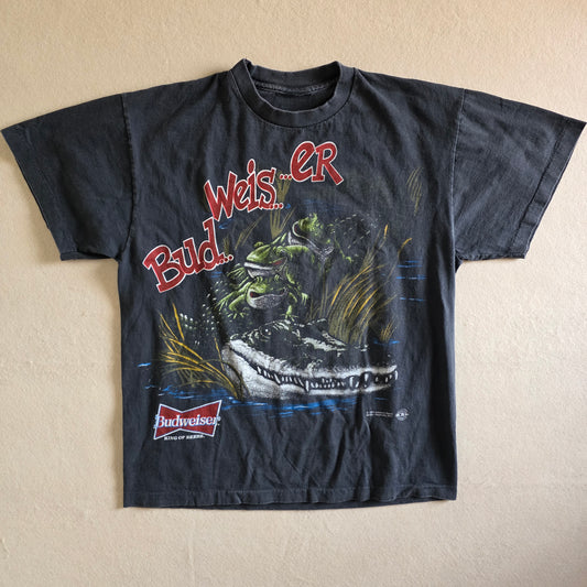 Budweiser Frog Crocodile Double-sided Print Tee Tshirt L Large Faded Black