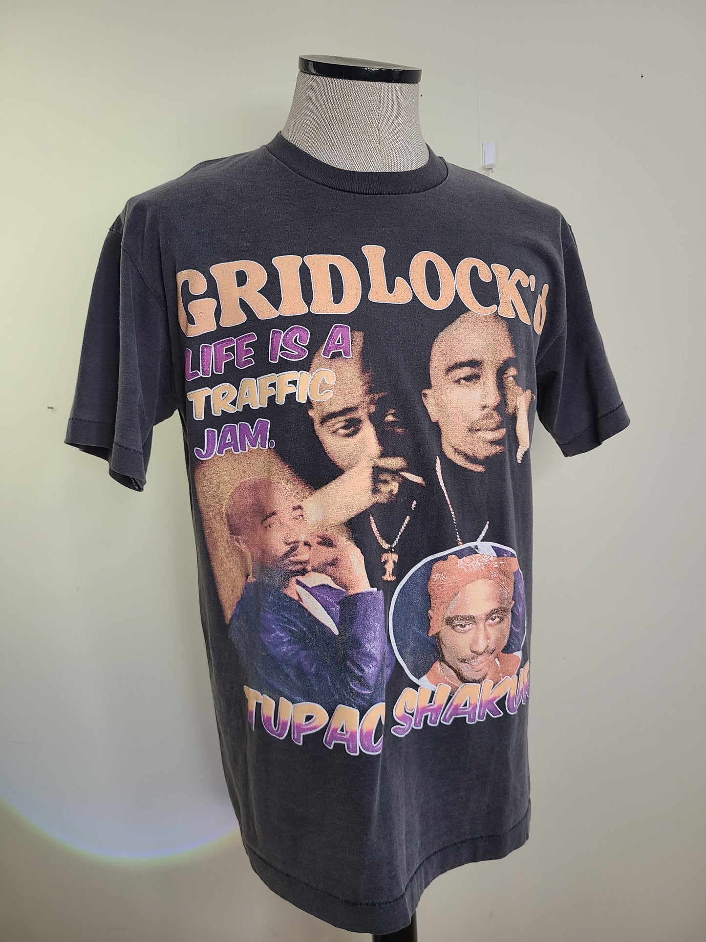 2 Pac Gridlock'd Faded Black Gray Modern Vintage Style T-shirt