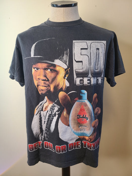 50 Cent vs Diddy Troll Tee Tshirt Enzyme Washed Faded Black Large