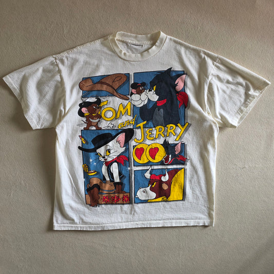 Tom And Jerry Cowboy 90s Style Double-sided Tshirt XL Eggshell White