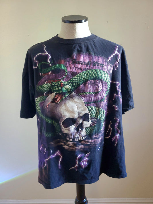 Vintage VTG 90s American Thunder Skull Snake Lightning Tombstone Tee XXL