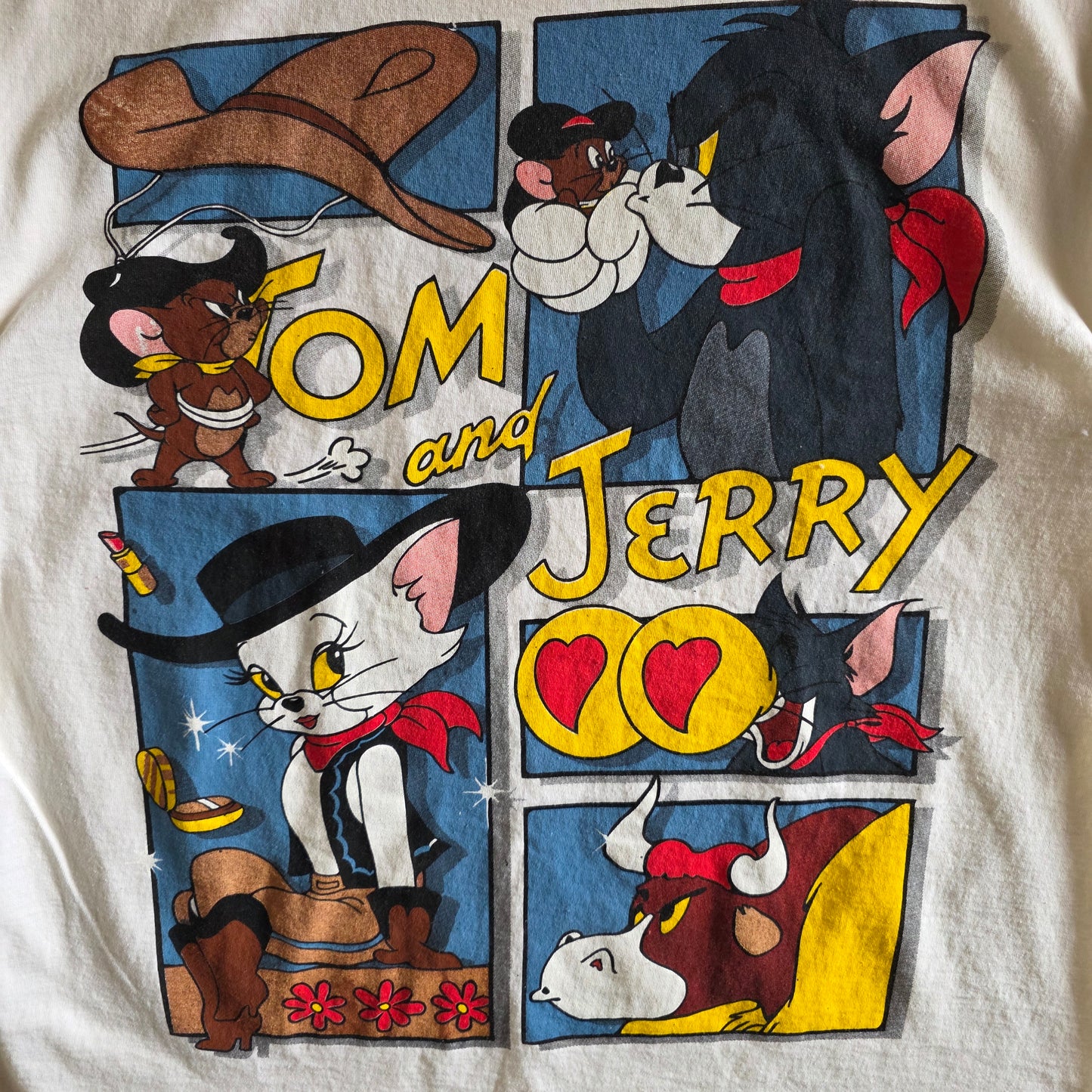 Tom And Jerry Cowboy 90s Style Double-sided Tshirt XL Eggshell White