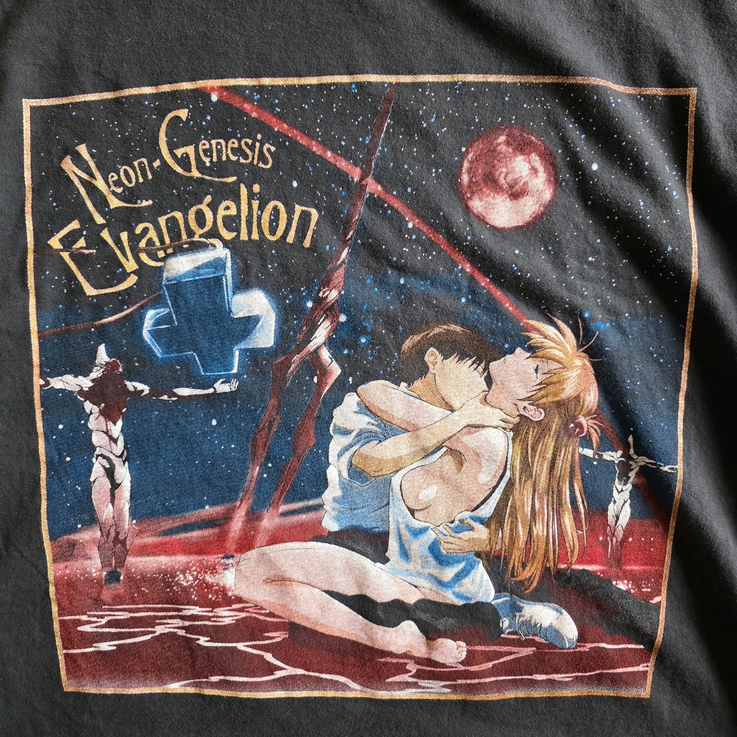 Neon Genesis Evangelion Double-sided Faded Black Graphic Retro Tshirt Tee XL