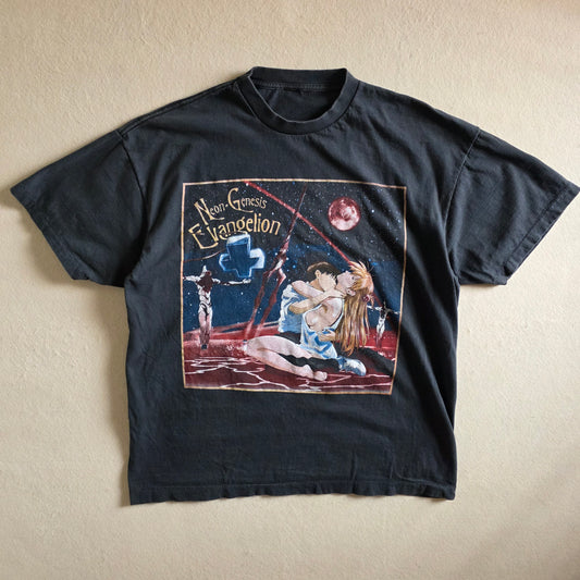 Neon Genesis Evangelion Double-sided Faded Black Graphic Retro Tshirt Tee XL