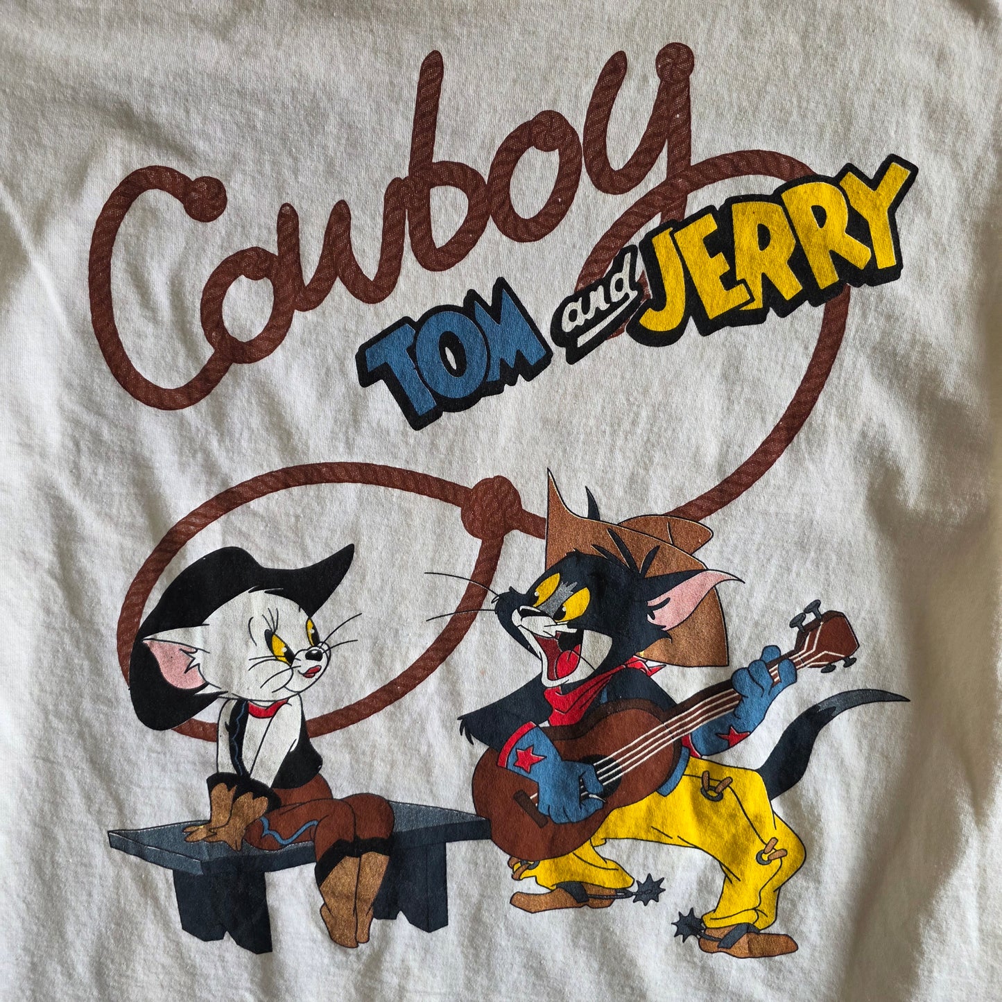 Tom And Jerry Cowboy 90s Style Double-sided Tshirt XL Eggshell White