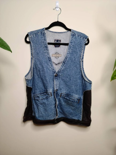 Vintage 90s Harley Davidson Denim and Leather Vest Size Large