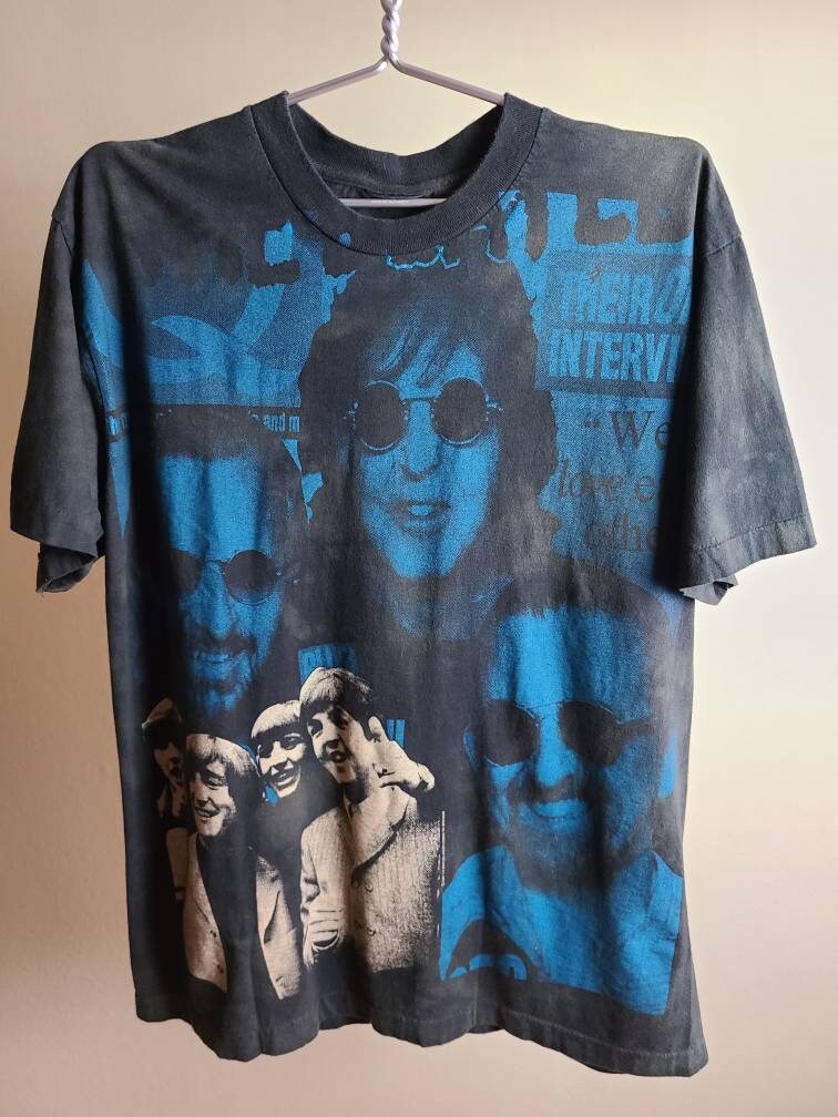 The Beatles All Over Print Overprint T Shirt Faded and Distressed