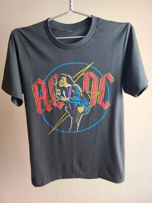 ACDC Retro Tee T Shirt Faded Black Grey