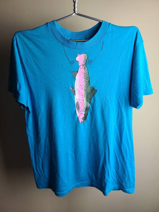 True 80s Vintage VTG Fish Necktie Tee Shirt L Hanes Tag 1985