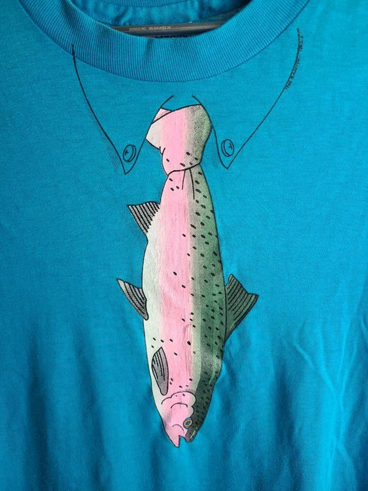 True 80s Vintage VTG Fish Necktie Tee Shirt L Hanes Tag 1985